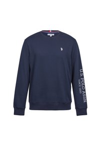 Sweat-shirt bleu marine à col rond avec manches longues, logo U.S. Polo Assn. sur la poitrine et texte de la marque sur la manche droite.