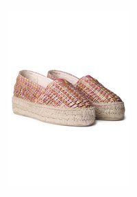 Espadrillas intrecciate con paglia multicolore in rosa, giallo e verde. Suola in juta naturale spessa con design a punta rotonda.