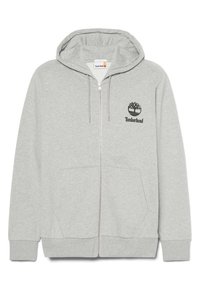 Grå zip-up hoodie lavet af bomuldsblanding. Har et logo på venstre bryst, to frontlommer og ribbede manchetter og kant. Klassisk design.