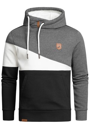 Hoodie in Grau, Weiß und Schwarz. Verfügt über ein diagonales Farbblockdesign, Kordelzüge, eine Kängurutasche und ein Leder-Logo-Patch.