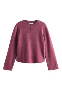 Sweatshirt courte bordeaux en tissu texturé, avec un col rond et des manches longues. Il présente un design épuré et discret.