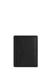 Tarjetero de cuero negro, superficie texturizada, forma rectangular, cuenta con un slot central y múltiples compartimentos para tarjetas en un lado.