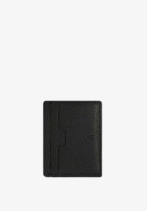 Cardholder din piele neagră, suprafață texturată, formă rectangulară, cu un slot central și mai multe sloturi pentru carduri pe o parte.