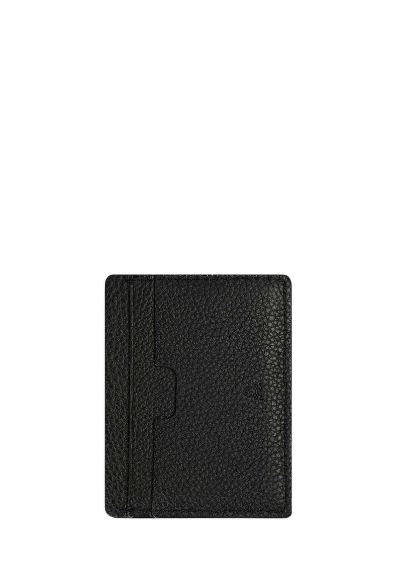 Tarjetero de cuero negro, superficie texturizada, forma rectangular, cuenta con un slot central y múltiples compartimentos para tarjetas en un lado.