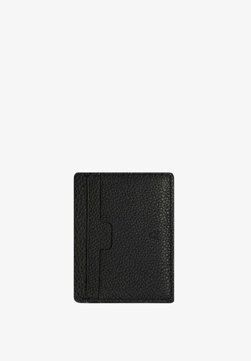 Tarjetero de cuero negro, superficie texturizada, forma rectangular, cuenta con un slot central y múltiples compartimentos para tarjetas en un lado.