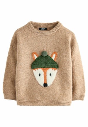 Beiger Strickpullover mit einem Fuchs-Gesichtsmotiv, der eine grüne gestrickte Mütze mit Bommel vorne in der Mitte trägt.