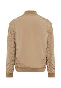 Beige leichte Bomberjacke mit geripptem Kragen, Bündchen und Saum, von hinten auf weißem Hintergrund gezeigt.
