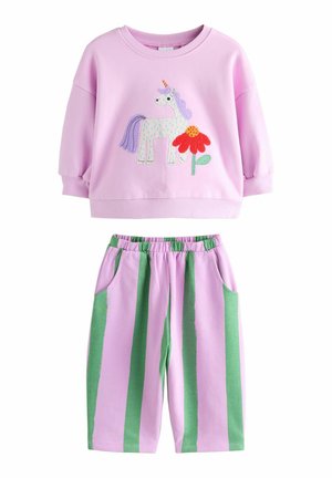 Pink sweatshirt with unicorn and flower design; matching striped shorts in pink and green, featuring an elastic waistband and side pockets.