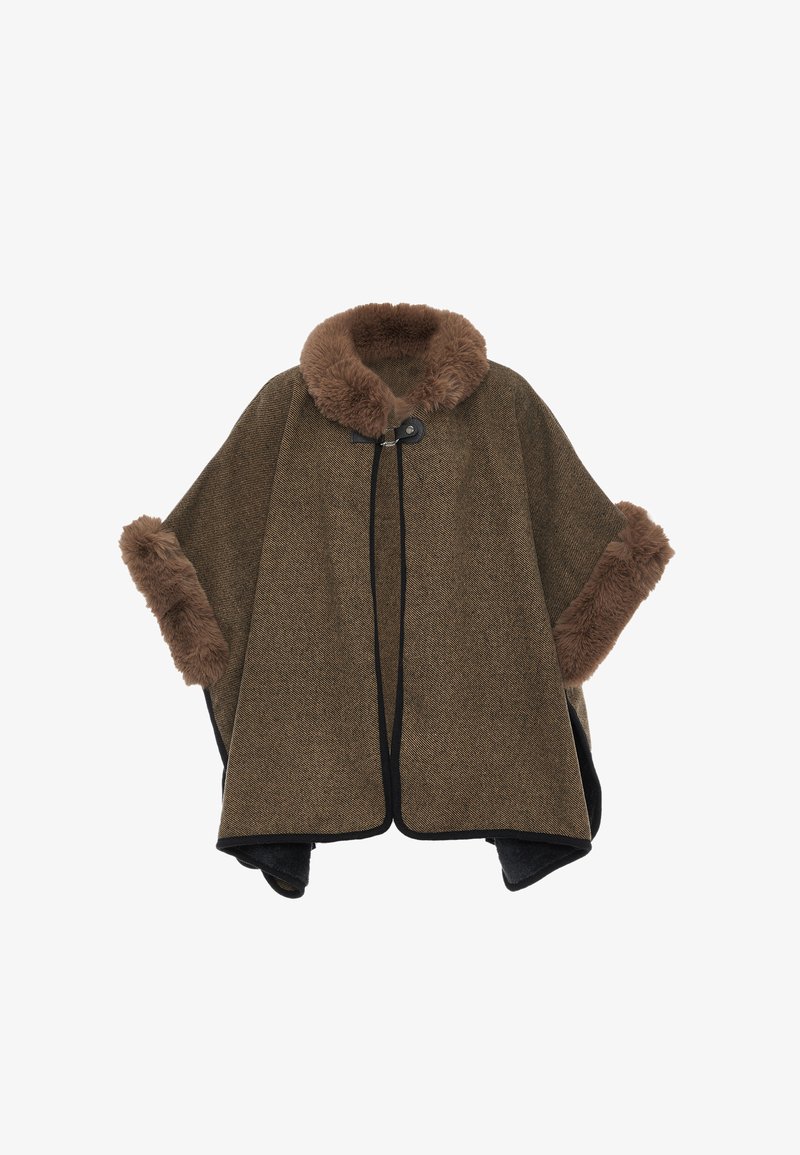 Brun ullponcho med en krage och manschetter av fakepäls, med en rundad form, öppen front och svarta detaljer längs kanterna.