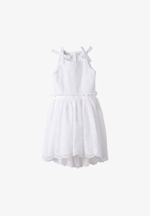 White sleeveless dress with eyelet pattern, ruffled waist, and tie straps at shoulders. Flared skirt and partial lining for comfort.