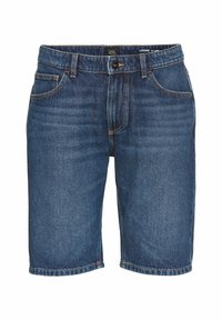 Mørkeblå denimshorts med en løs pasform. Funktioner inkluderer en knaplukning, bæltestropper og frontlommer. Glat tekstur med diskret syning.