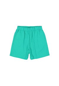 Turquoise korte broek van lichtgewicht stof, met een zachte elastische tailleband en een eenvoudig ontwerp zonder zichtbare patronen of accenten.
