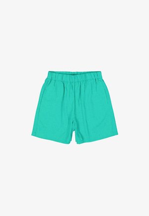 Turquoise korte broek van lichtgewicht stof, met een zachte elastische tailleband en een eenvoudig ontwerp zonder zichtbare patronen of accenten.