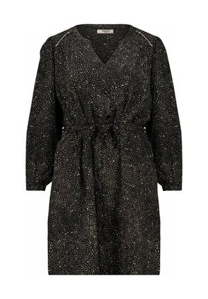 Robe noire à motifs avec un décolleté en V, des manches bouffantes longues, une taille cintrée et un détail à nouer. Motif tacheté en blanc et beige sur l'ensemble.