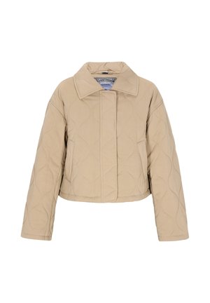 Beige quilted cropped jacket with long sleeves, wide collar, and concealed front closure, displayed against a white background.