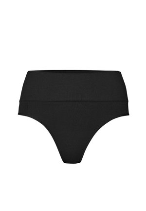 Zwarte slip met hoge taille gemaakt van zacht stof. Heeft een gladde textuur, met een brede elastische tailleband en een minimalistisch ontwerp.