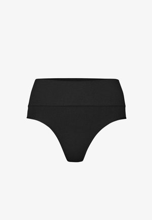 Mutandine nere a vita alta realizzate in tessuto morbido. Presentano una texture liscia, con una fascia elastica larga in vita e un design minimalista.