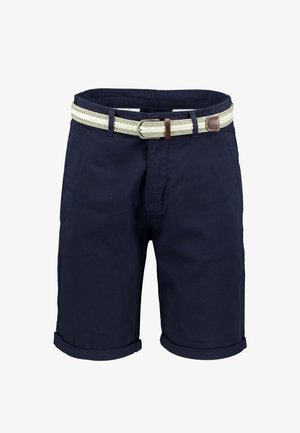 Navy blue rolled-hem shorts with front pockets and a woven white belt with a metal buckle and brown leather accents.