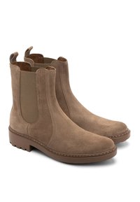 Botas de ante marrón hasta el tobillo con paneles laterales elásticos, suelas de goma sólida y detalles de costura. Incluye tiradores para facilitar el uso.