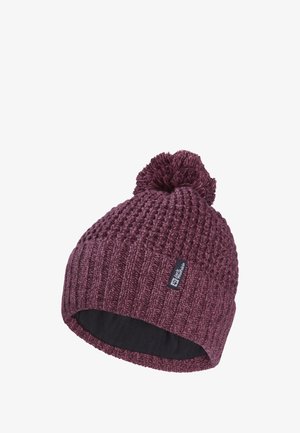 Strickmütze in Bordeaux mit einem strukturierten Muster, ausgestattet mit einem Pompon oben und einem schwarzen Futter. Logo-Patch an der Seite.