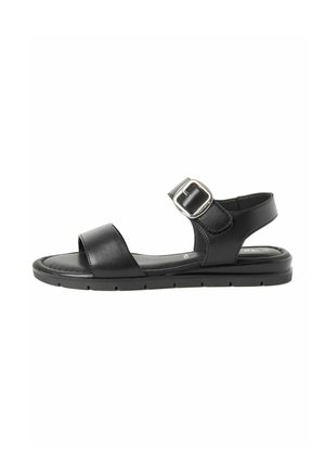 Black leather sandal featuring two wide straps, a buckle accent, and a flat sole with a textured finish for grip. Simple, contemporary design.