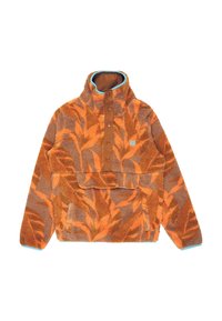 Oranje en bruine fleece pullover met abstract bladerenpatroon, drukknopen op de borst, hoge kraag en een voorzak in kangaroo-stijl.