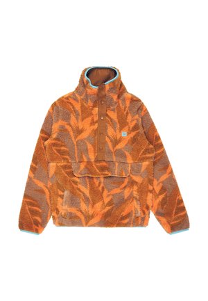 Oranger und brauner Fleece-Pullover mit abstraktem Blattsmuster, Druckknöpfen auf der Brust, hohem Kragen und vorderer Kängurutasche.