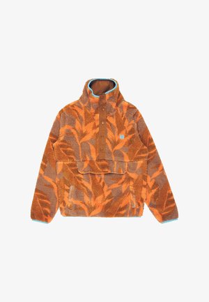 Orange and brown fleece pullover with abstract leaf pattern, snap buttons on chest, high collar, and front kangaroo pocket.