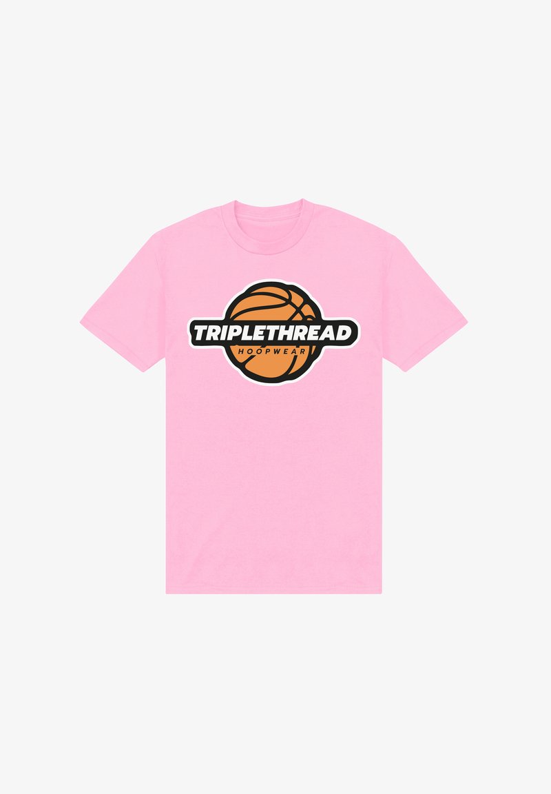 Pink short-sleeve T-shirt with a basketball graphic and "TRIPLETHREAD HOOPWEAR" text centered on the front.
