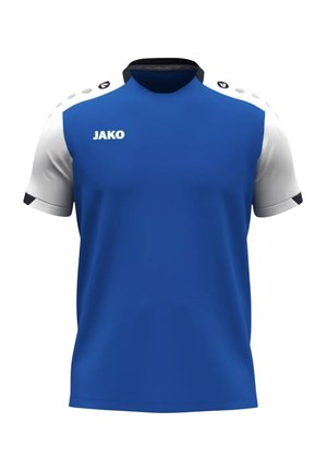 Maglia sportiva blu con maniche bianche, rifinitura del colletto nera, logo JAKO sul petto e dettagli simili a bottoni sulle spalle.