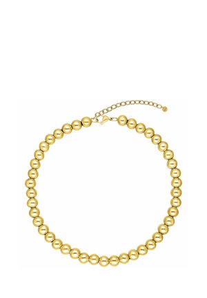 Goldene Perlenkette mit runden polierten Perlen und verstellbarem Kettenverschluss, in kreisförmiger Form auf weißem Hintergrund angeordnet.