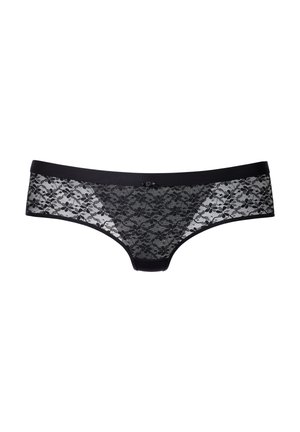 Schwarze Spitzenunterwäsche mit floralem Muster, ausgestattet mit einem einfarbigen schwarzen Bund und einem glatten schwarzen Saum entlang der Beine.