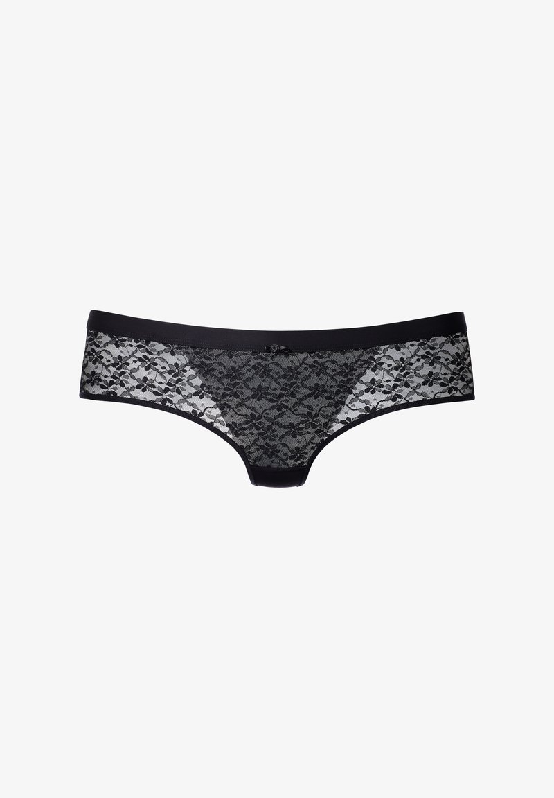 Black lace panties with a floral pattern, featuring a solid black waistband and a smooth black trim along the legs.