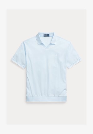 Světle modré polo tričko s krátkými rukávy, výstřihem do V a žebrovaným límcem. Na hrudi malá značka a přiléhavý lem. Měkká textura látky.