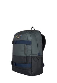 Backpack in dark gray and black, featuring a smooth fabric, adjustable straps, side pocket, and multicolored logo at the top.
