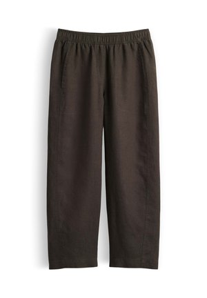 Pantalon marron foncé à coupe ample avec ceinture élastique et poches latérales, en tissu léger.