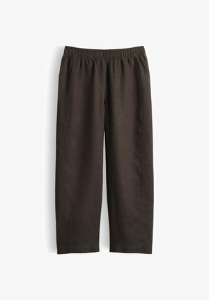 Pantalon marron foncé à coupe ample avec ceinture élastique et poches latérales, en tissu léger.