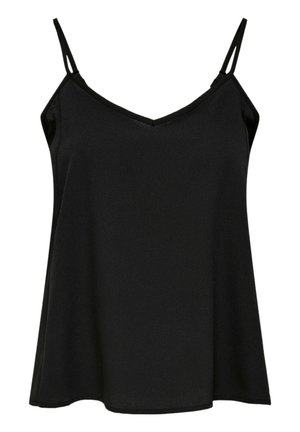 Haut camisole noir sans manches avec fines bretelles doubles et léger décolleté en V, présenté sur fond blanc.