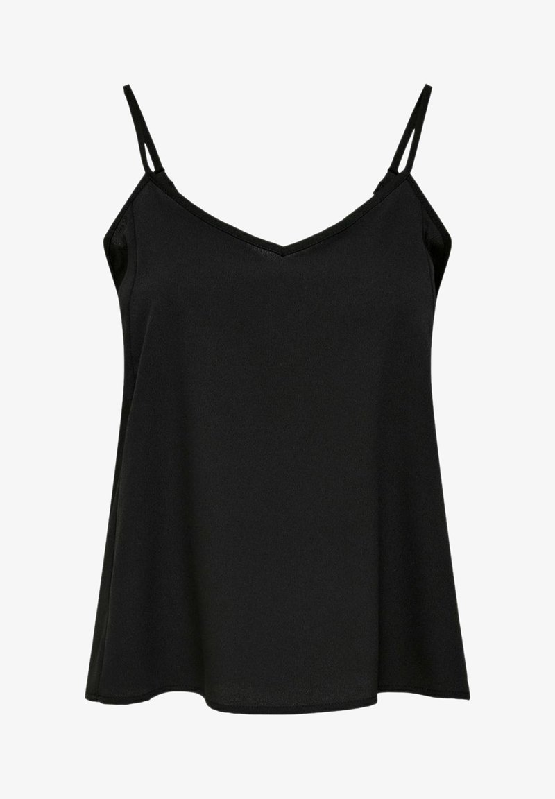Haut camisole noir sans manches avec fines bretelles doubles et léger décolleté en V, présenté sur fond blanc.