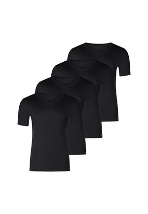 Ensemble de quatre t-shirts noirs à manches courtes. Fabriqués en tissu doux, avec un col rond classique et une coupe cintrée.