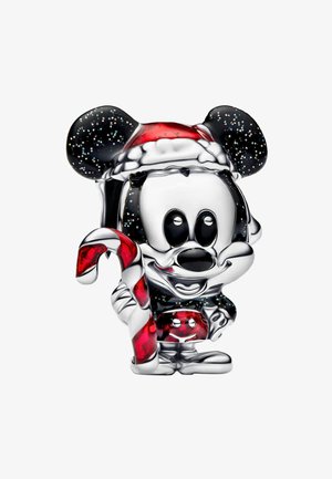 Figurine de Mickey Mouse couleur argent portant un chapeau de Noël rouge, tenant une canne en bonbon rouge et blanche, avec des oreilles noires et des détails étincelants.