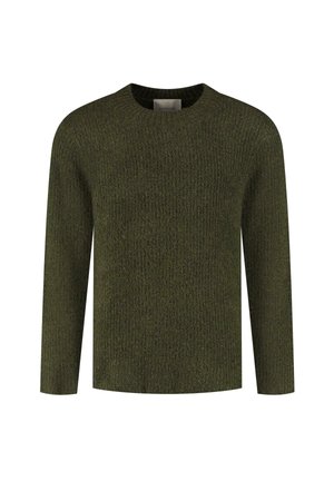 Long-sleeve olive green textured knit sweater with crew neckline, shown flat against a white background.