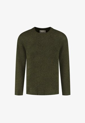 Long-sleeve olive green textured knit sweater with crew neckline, shown flat against a white background.
