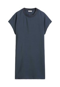 Robe t-shirt bleu marine à manches courtes, col rond et texture douce et lisse. Présente une coupe droite et ample pour le confort et la facilité d'enfilage.
