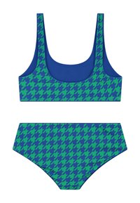 Dva dijela bikini seta s uzorkom houndstooth u plavoj i zelenoj boji. Gornji dio ima široke naramenice i okrugli izrez; donji dio nudi dizajn s visokim strukom.