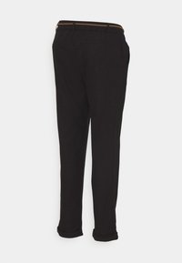 Svarta byxor med avslappnad passform, med rullad fåll, elastisk midja och en kontrasterande brun accent vid midjan.