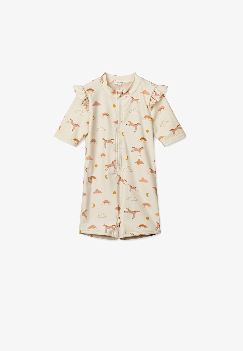 Kremfarget kortermet jumpsuit med glidelås, med et leken trykk av rosa dyr, skyer og regnbuer; volangdetaljer på skuldrene.