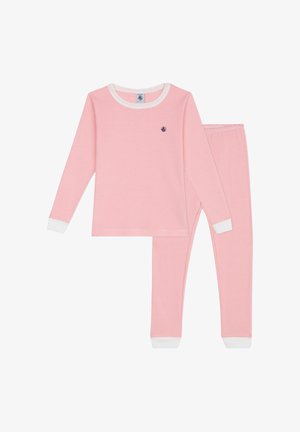 Ensemble de pyjama rayé rose avec manches longues et pantalon assorti. Comprend des poignets blancs et un petit logo sur la poitrine. Matière douce en coton.