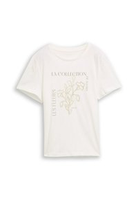 Wit katoenen T-shirt met korte mouwen, voorzien van een botanische grafische print en tekst in lichtbeige. Casual pasvorm, ronde halslijn.