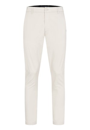 Herre slim-fit beige chino bukser med bæltestropper, forreste knap og lynlåslukning, vist på en hvid baggrund.